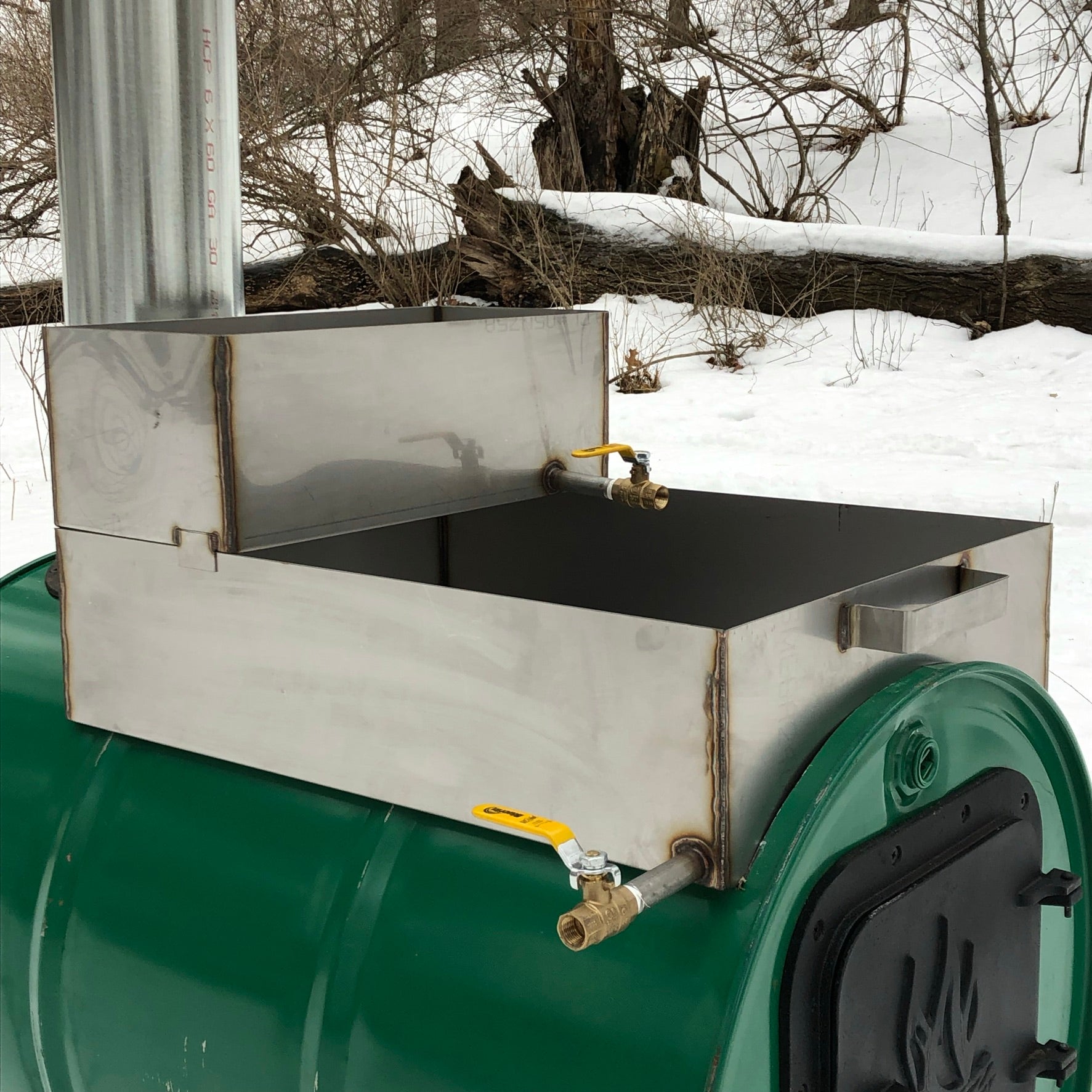 Maple Syrup Barrel Evaporator with Flat Pan and Sap Prewarmer