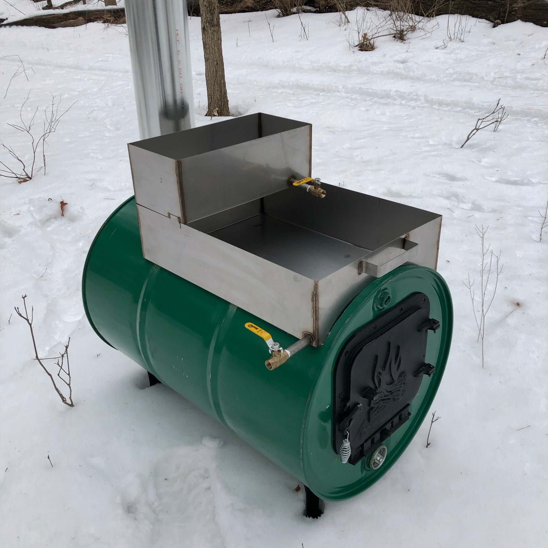 Maple Syrup Barrel Evaporator with Flat Pan and Sap Prewarmer